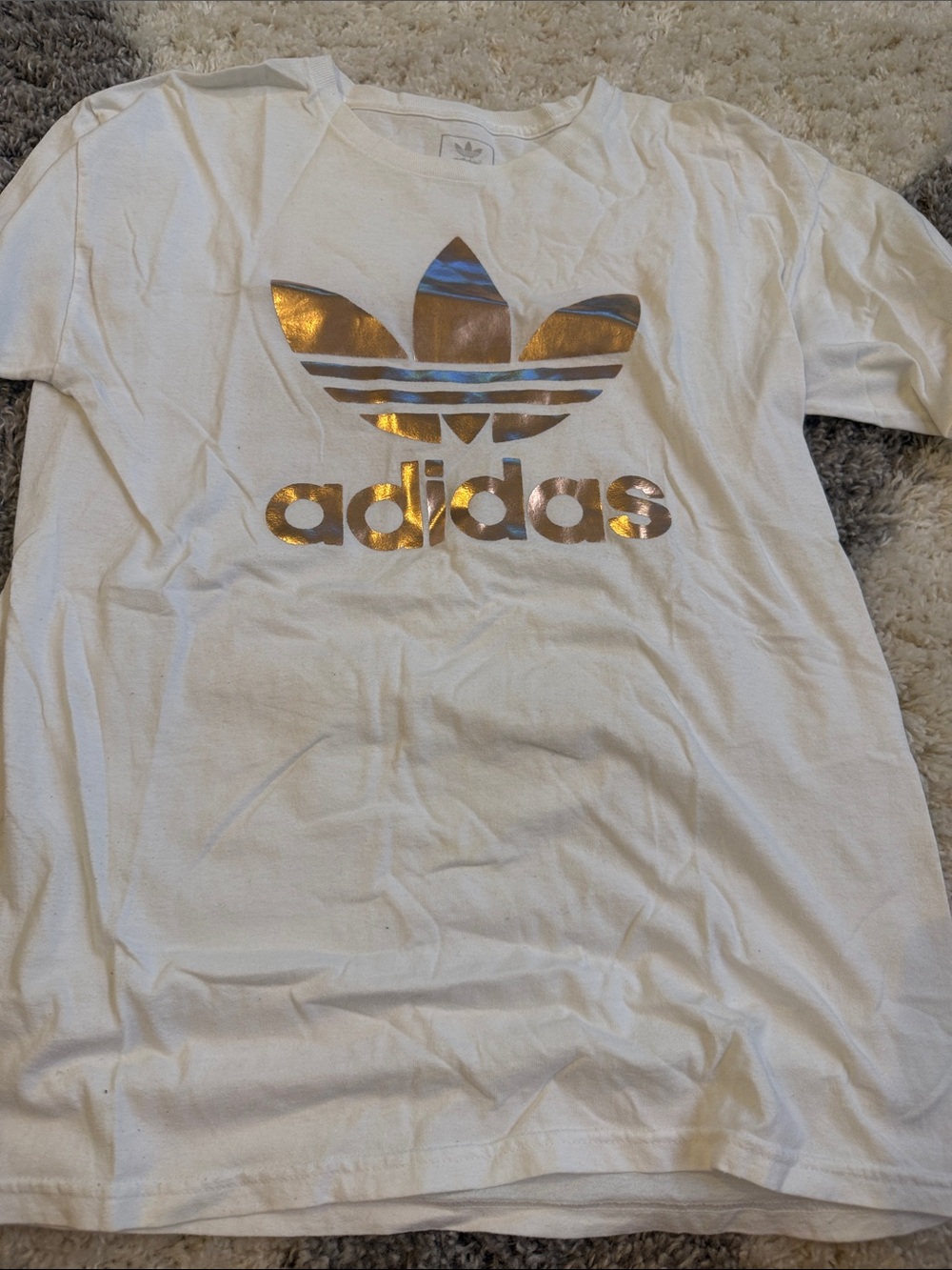 adidas White Short-Sleeve Tee with Metallic Gold Trefoil